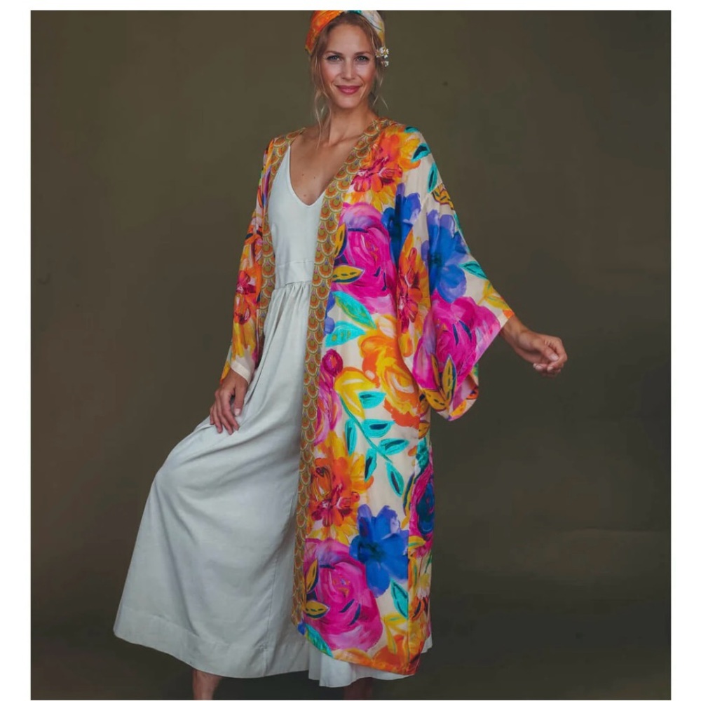 Powder Floral Frenzy Kimono Gown Cardigan Boho